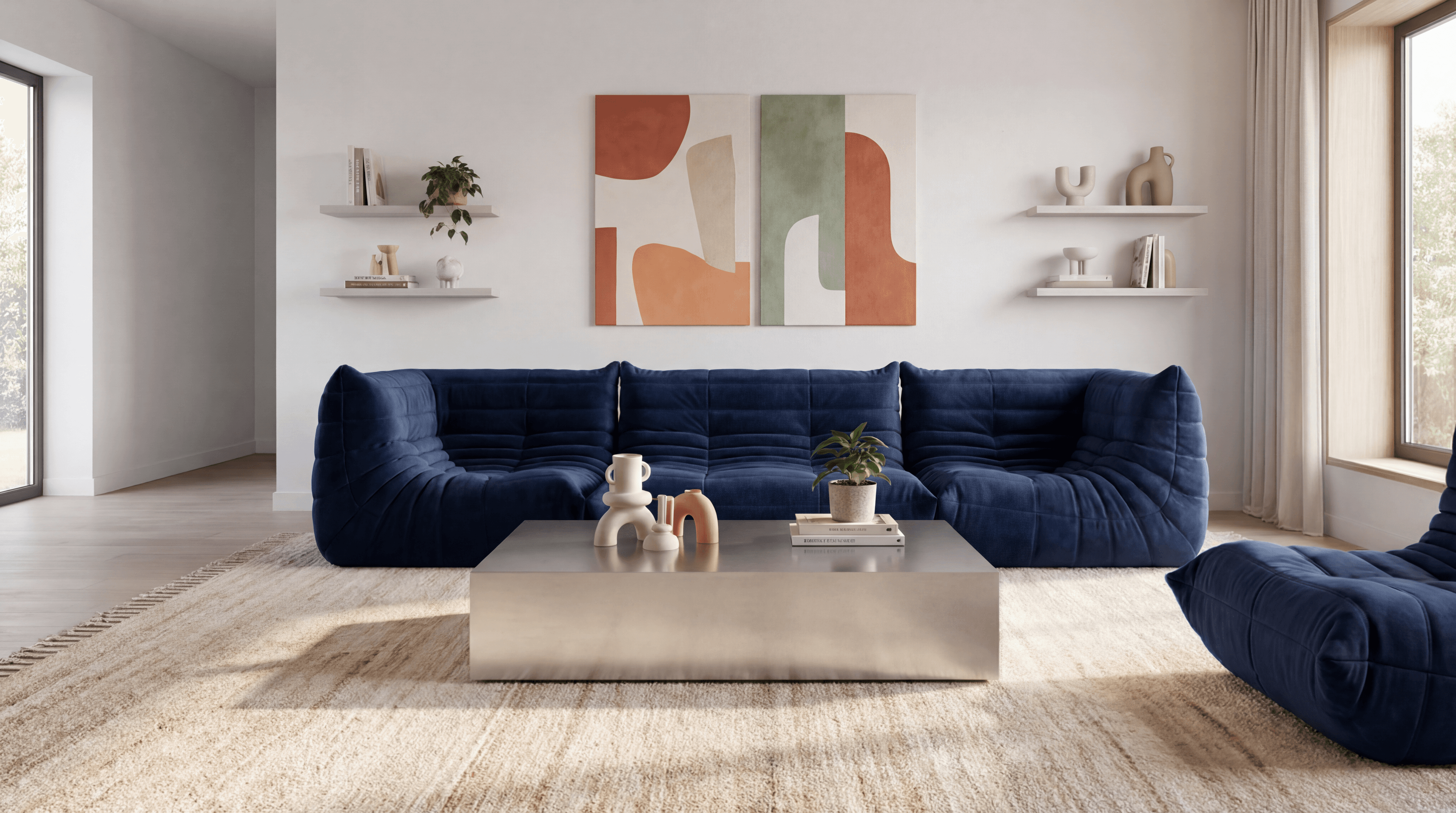 Chrome-Couchtisch in einem hellen Wohnzimmer mit blauem Sofa